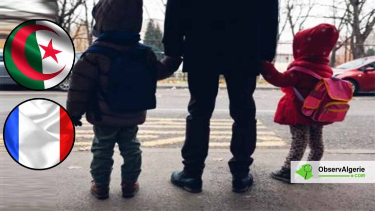 Montage : Un homme tenant les mains de ses deux enfants, avec les drapeaux de l'Algérie et de la France