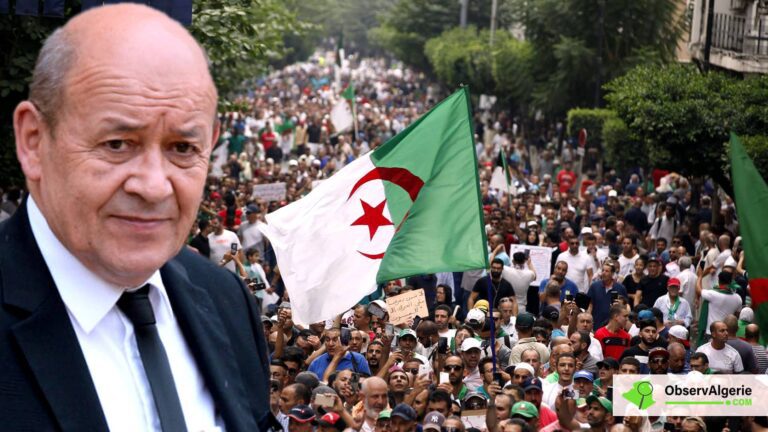 Jean-Yves Le Drian sur fond d'une manifestation populaire en Algérie