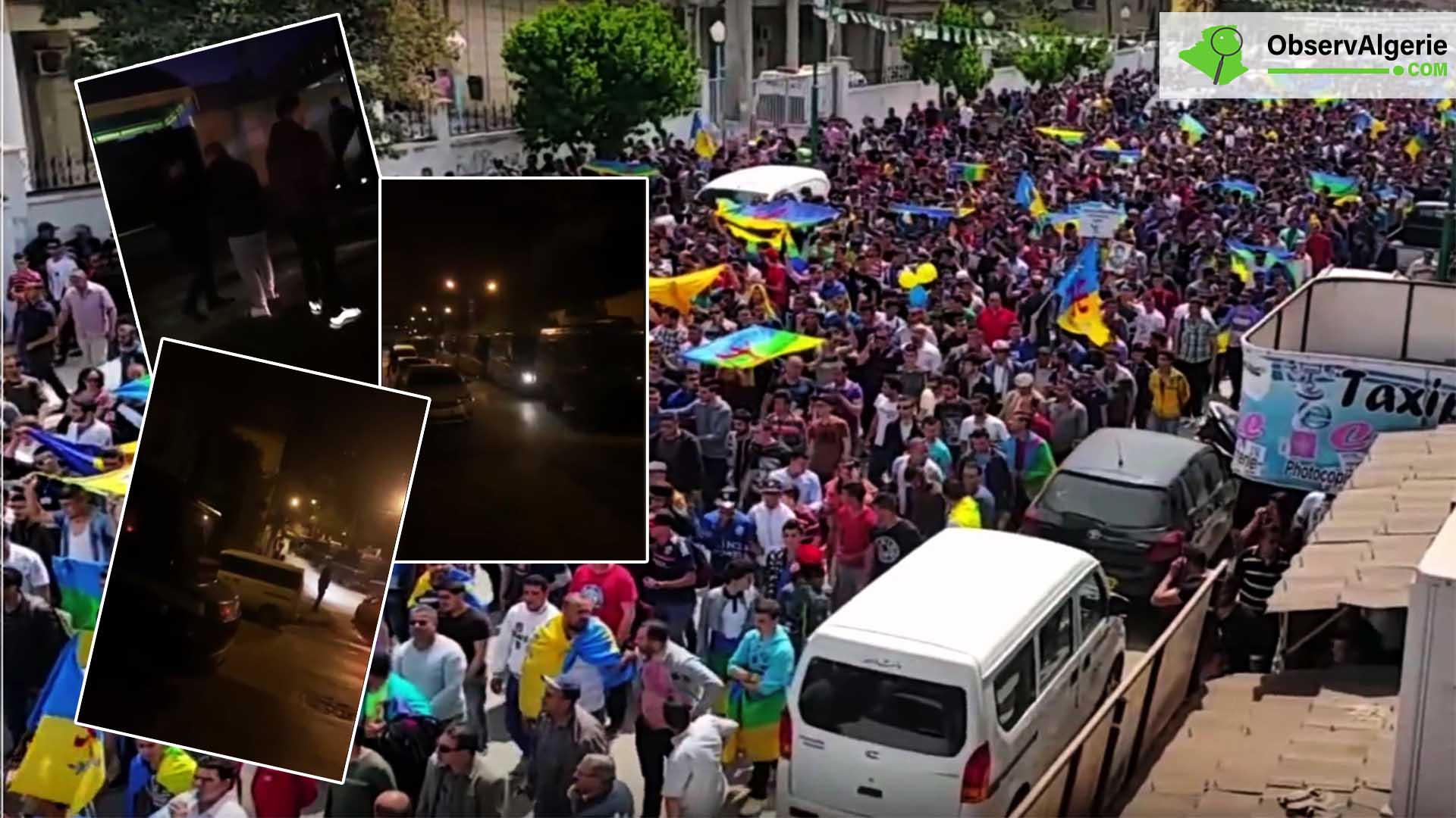 Montage : Trois images d'un rassemblement nocturne à Tizi Ouzou sur fond d'une marche dans la même ville
