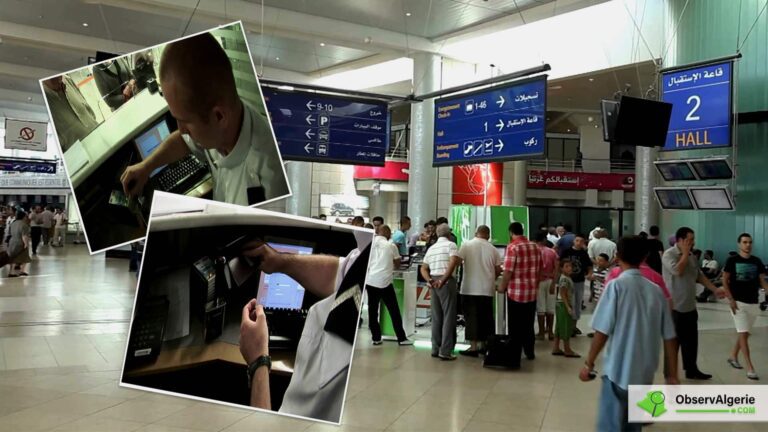 Aéroport d'Alger avec des images en médaillons montrant des agents manipulant des ordinateurs Aéroport d'Alger avec des images en médaillons montrant des agents manipulant des ordinateurs