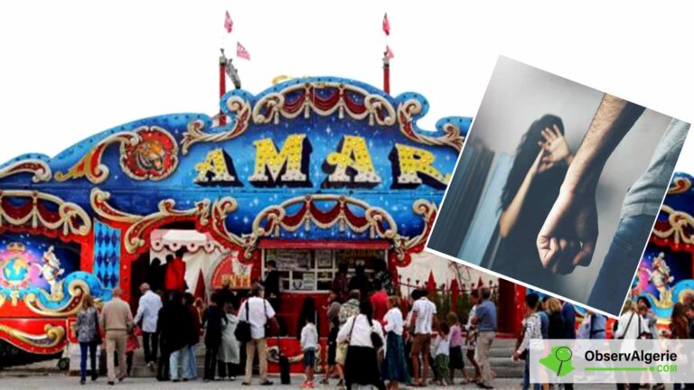 L'image d'une femme victime de violence en médaillon d'une photo du Cirque Amar