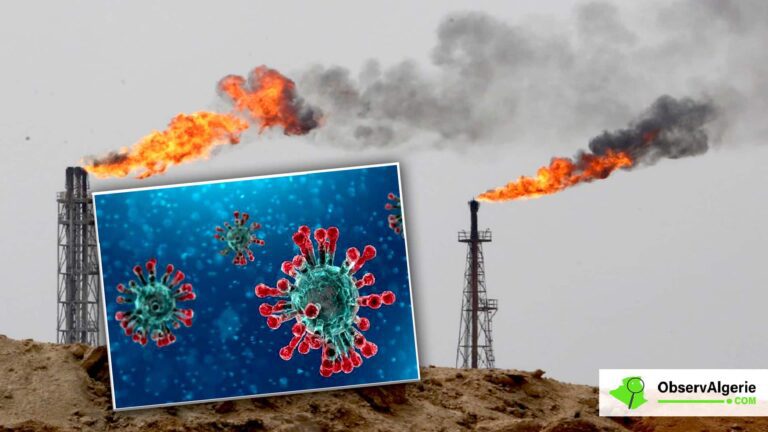 Champ pétrolier avec l'image d'un coronavirus en médaillon