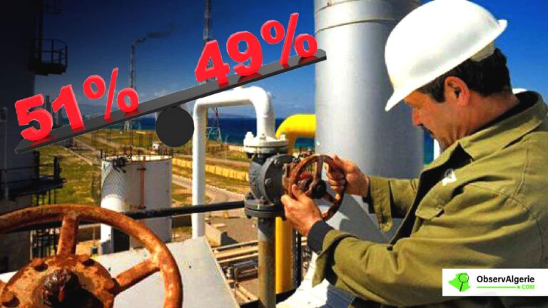 Montage : base pétrolière avec un écriteaux qui illustre la règle 51/49
