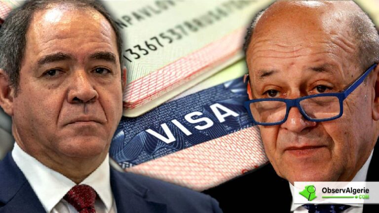 Jean-Yves Le Drian et Sabri Boukadoum avec un visa en arrière plan