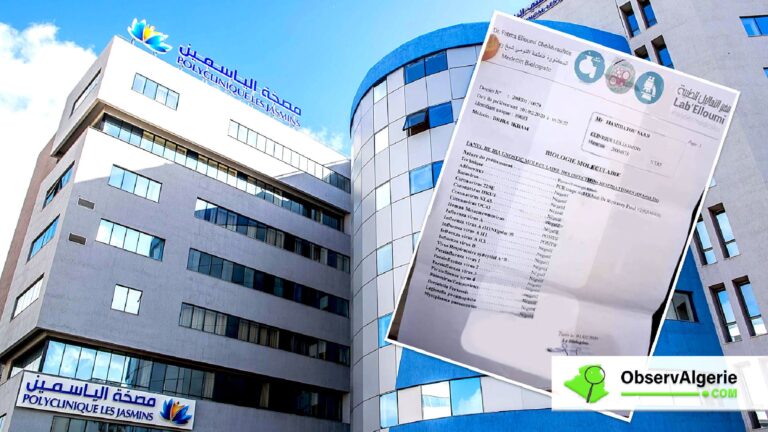Clinique Les Jasmins de Tunis avec en médaillon les résultats des analyses médicales d'un patient algérien