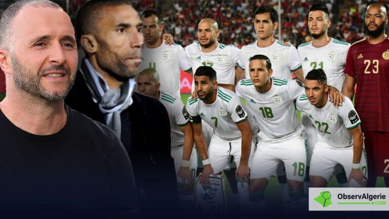 Photo montage : Djamel Belmadi et Abdeslam Ouadou sur fond de l’équipe d’Algérie