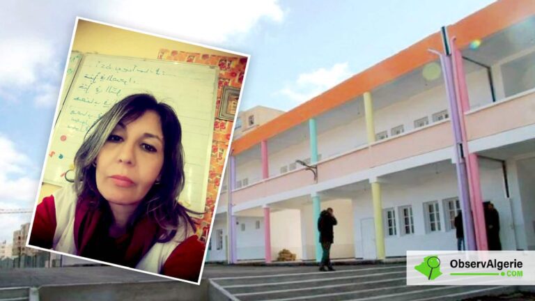 L'enseignante Chafika Mahtout avec un établissement scolaire en arrière plan