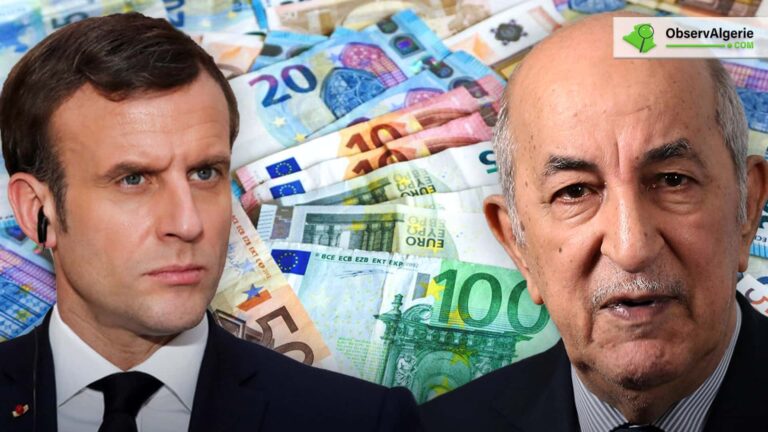 Les présidents Abdelmadjid Tebboune et Emmanuel Macron sur fond de billets de banque en euro