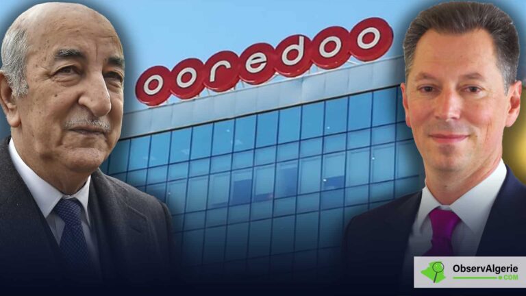 Le président Abdelmadjid Tebboune et Nikolai Beckers sur fond du logo de la société Ooredoo