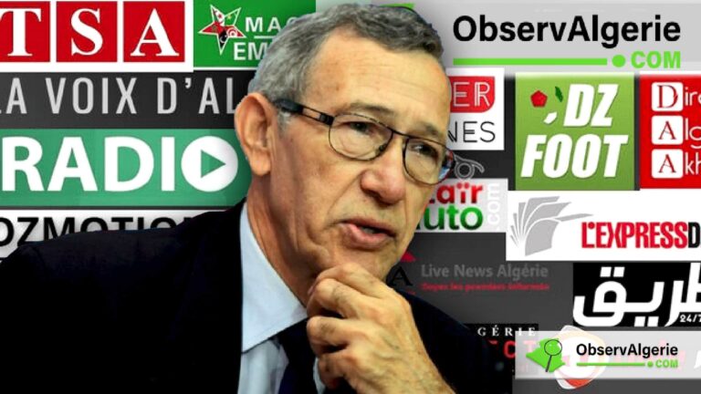 amar Belhimer porte parole du gouvernement avec des titres de la presse électronique et audiovisuelle en arrière plan