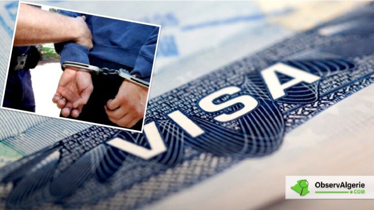 montage: photo d'un homme menotté avec un visa en arrière plan