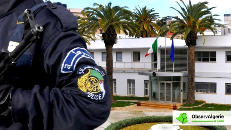 Montage: policier devant le siege de l'ambassade d’Italie