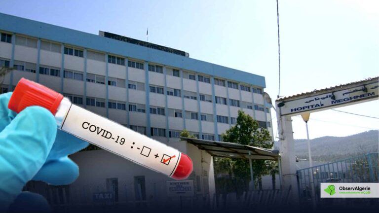 L'EPH Meghnem Lounes d'Azazga en Kabylie avec un tube de sang sur lequel est inscrit "Covid-19"