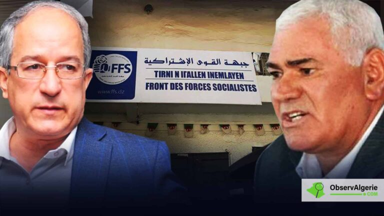 Les responsables du FFS Ali Laskri et Hakim Belahcel sur fond d'une entrée d'un siège du parti