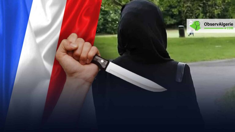 La main d'un homme tenant un couteau derrière une femme voilée, avec un drapeau français