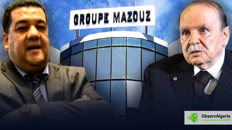 Ahmed Mazouz et Abdelaziz Bouteflika sur fond du siège du groupe Mazouz
