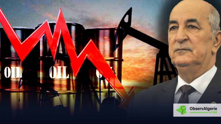 Le président algérien Abdelmadjid Tebboune sur fond de barils de pétrole et un graphe représentant une chute des prix Le président algérien Abdelmadjid Tebboune sur fond de barils de pétrole et un graphe représentant une chute des prix