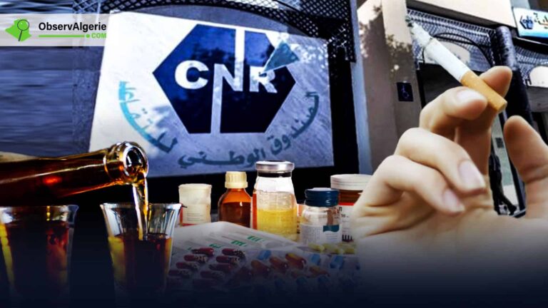 Montage: produits pharmaceutiques, alcool et tabac avec le logo de la CNR en arrière-plan Montage: produits pharmaceutiques, alcool et tabac avec le logo de la CNR en arrière-plan