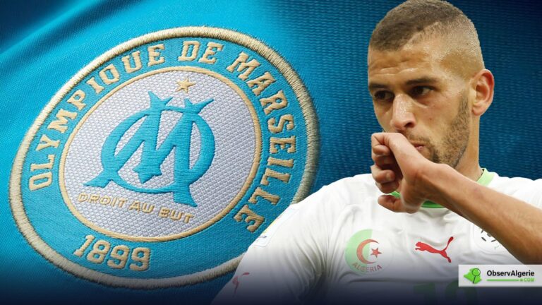 Photo montage : Islam Slimani sur fond du logo de l'Olympique de Marseille