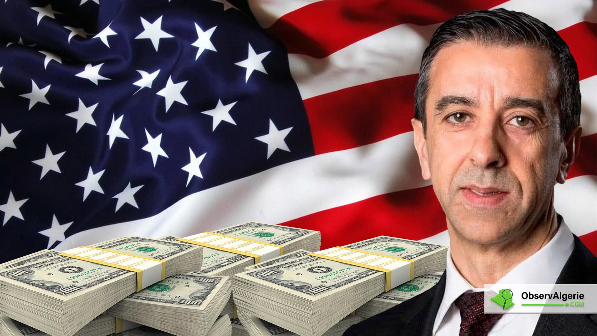 Montage : Ali Haddad sur fond un drapeau Américain et liasse de billet en dollar