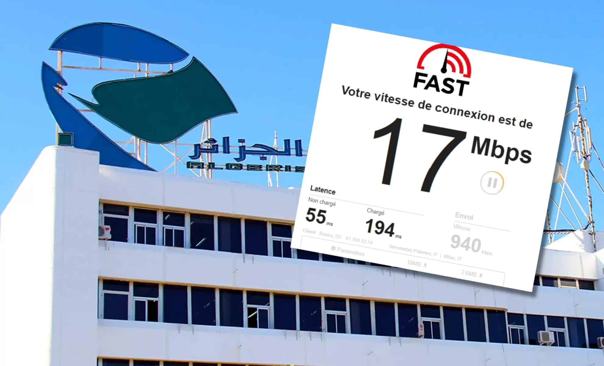 Montage : Test de connexion (Fast) sur fond de bâtiment de Algérie Télécom