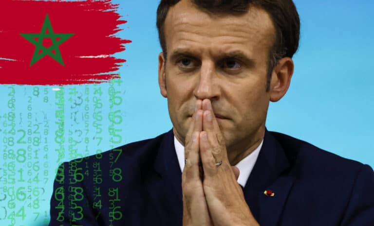 Montage : Photo d'Emmanuel Macron, drapeau du Maroc et symboles numériques en cascade