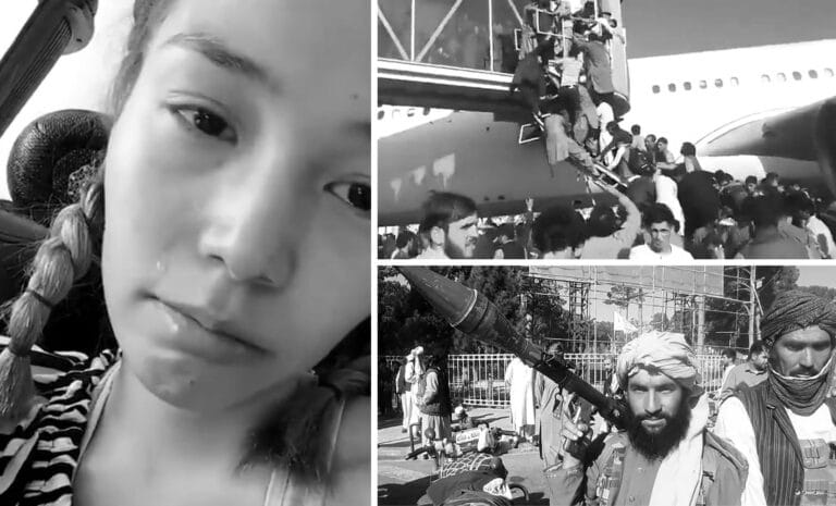 Montage : Fille afghane qui pleure. Des gens qui essaient de monter dans un avion en Afghanistan. Talibans avec un lance-roquettes