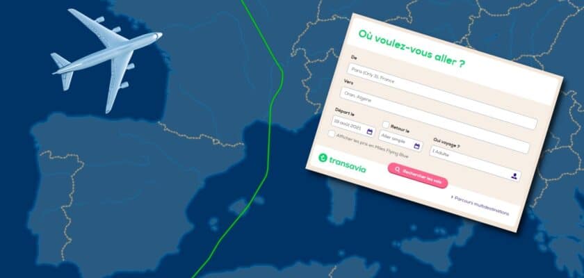 Montage : Recherche sur le site de Transavia, avion et carte du vol TO4960/1