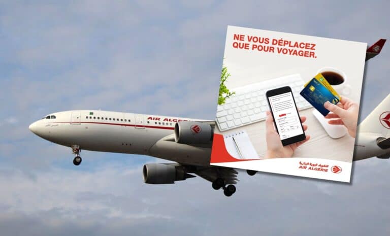 Montage : Avion d'Air Algérie, inscription « ne vous déplacez que pour voyager » et paiement en ligne