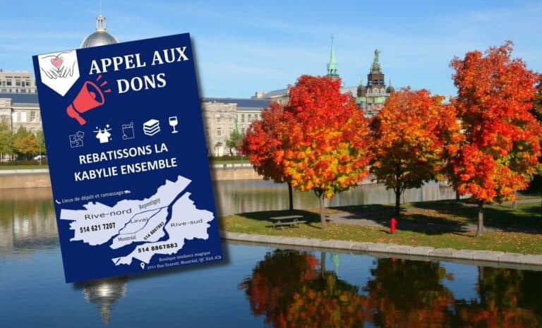 Montage : Photo de Montréal avec l'appel au don Rebâtissons la Kabylie