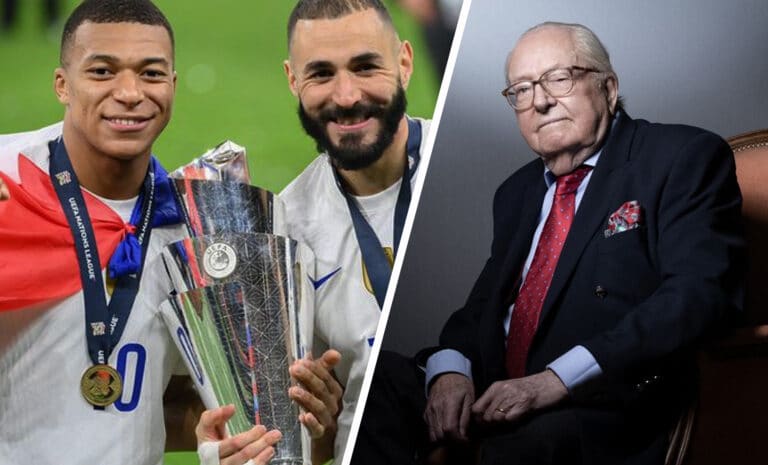 Montage : Kylian Mbappé et Karim Benzema avec la Coupe d'Europe des nations. Et Jean-Marie Le Pen