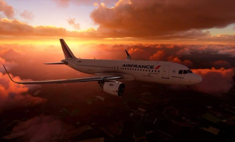 Photo d'un avion d'Air France avec, derrière, un coucher de soleil (Source : flightsim.to)