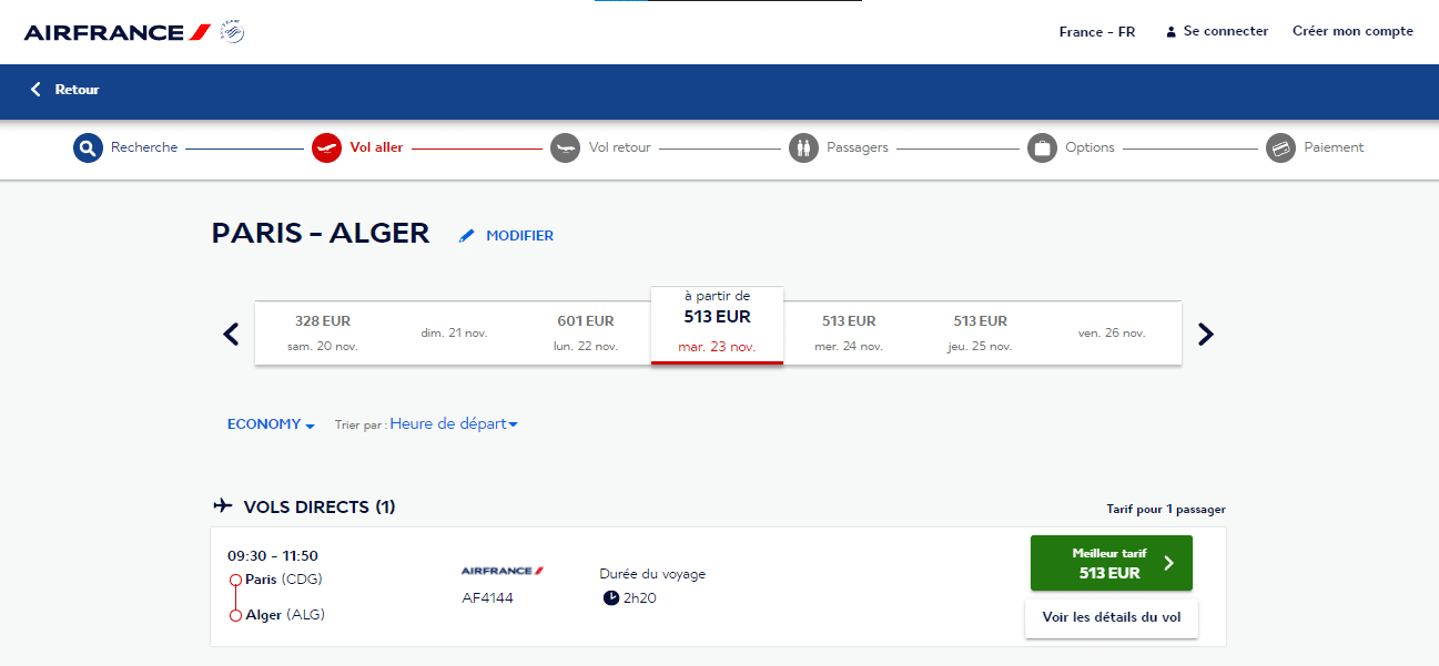 Vol Paris-Alger 23 nov Air France