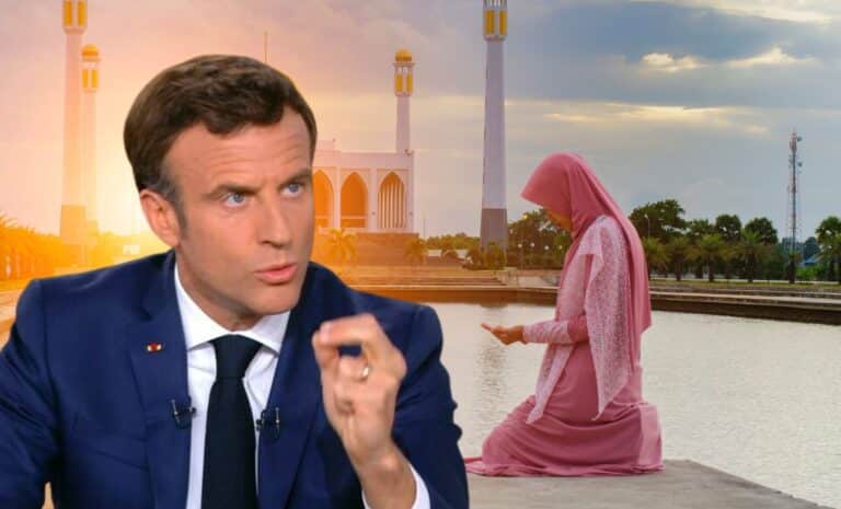 Emmanuel Macron sur fond de mosquée et de femme portant le voile et en train de prier