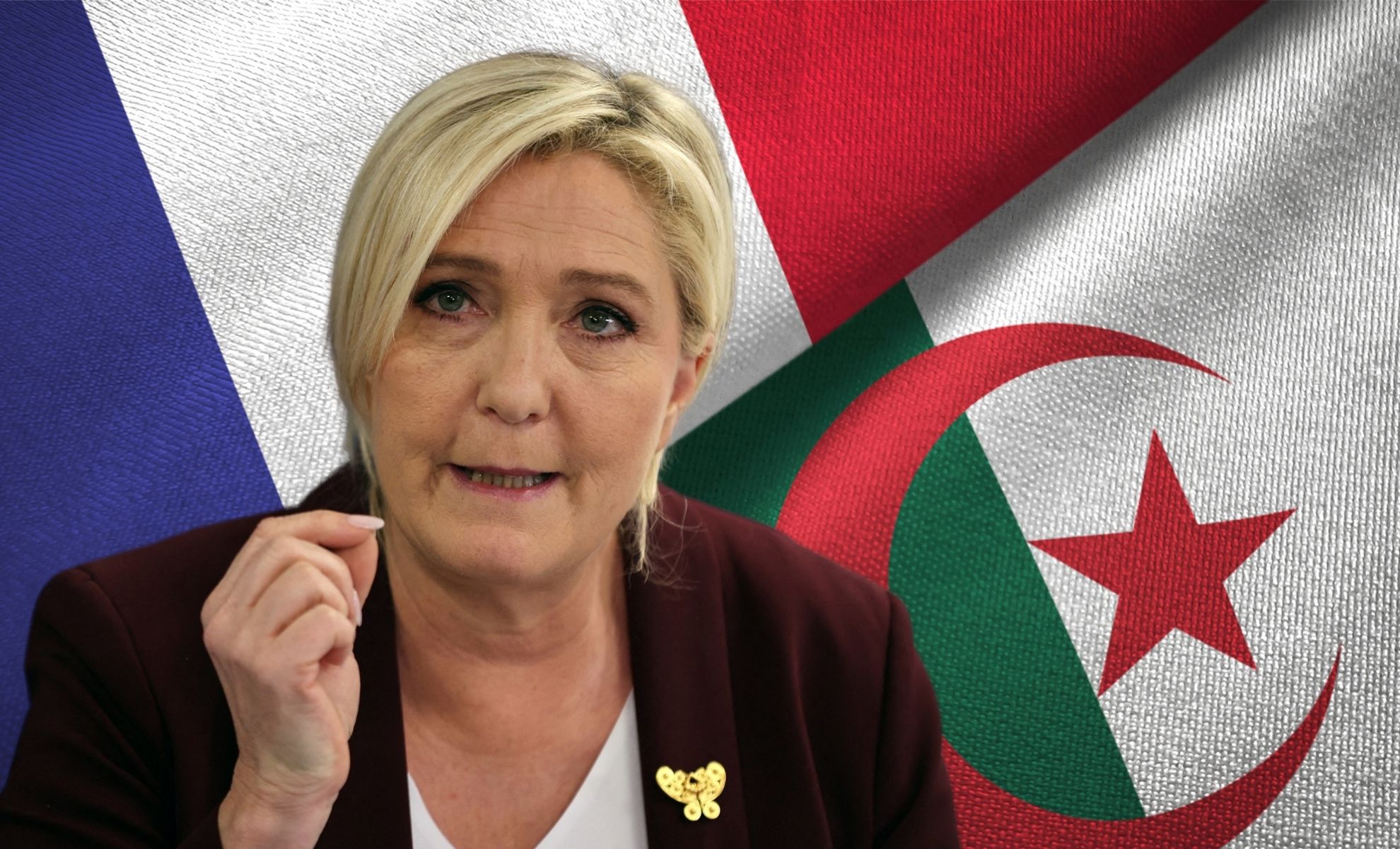 Marine Le Pen sur les deux drapeaux de la France et de l'Algérie