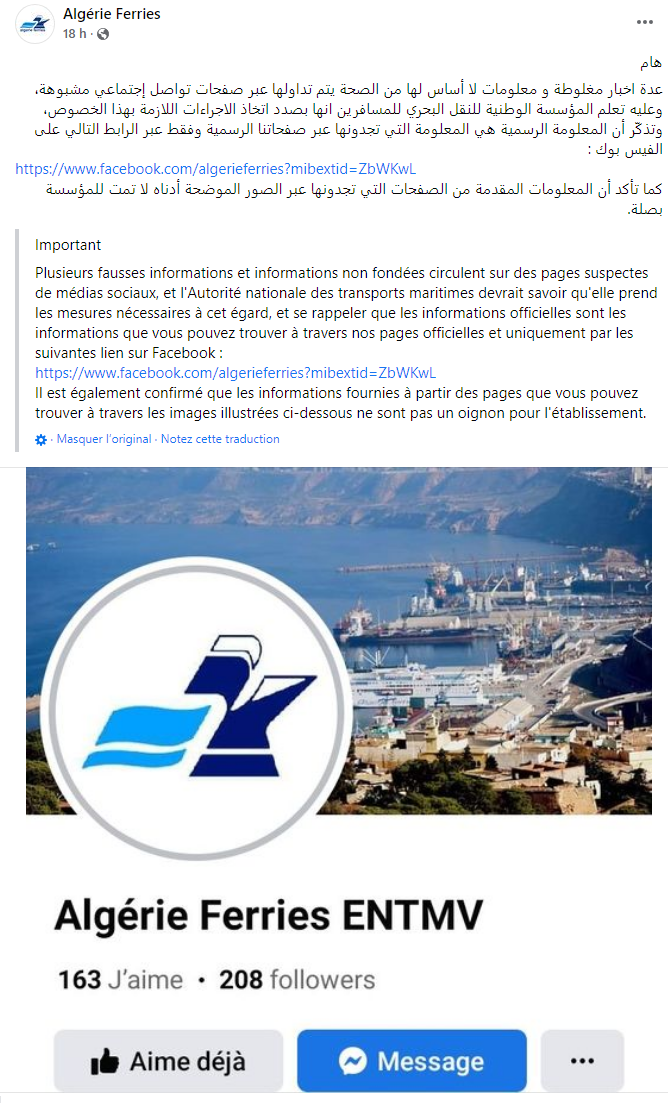 Publication Facebook Algérie Ferries 2023-05-26