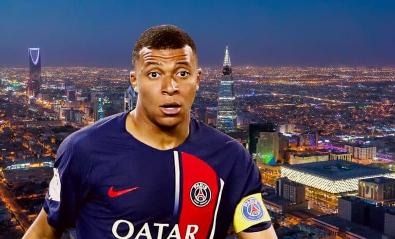 Mbappé sur fond d'une ville d'Arabie saoudite