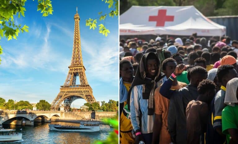 Migrants à Lampedusa (Italie) et Tour Eiffel (France)