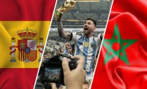 Drapeau de l'Espagne / Messi tenant le trophée de la Coupe du monde 2022 / Drapeau du Maroc