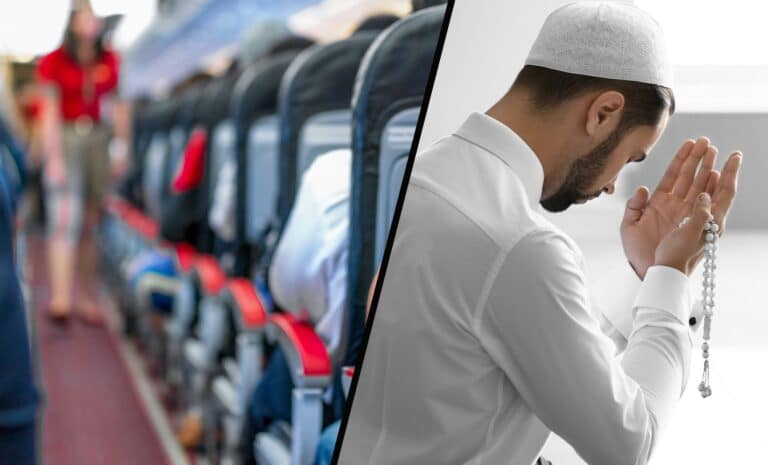 Photo de l'intérieur d'une cabine d'avion, avec passagers et hôtesse / musulman qui prie