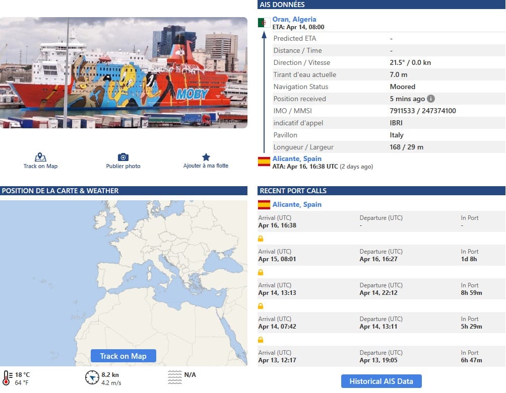 Position du Moby Dada depuis le 16 avril - VesselFinder