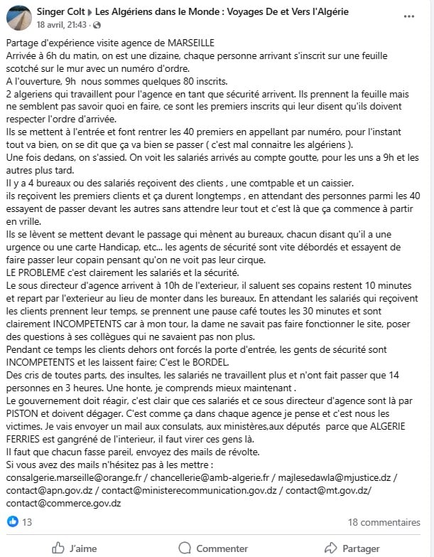 Témoignage d'un client d'Algérie Ferries