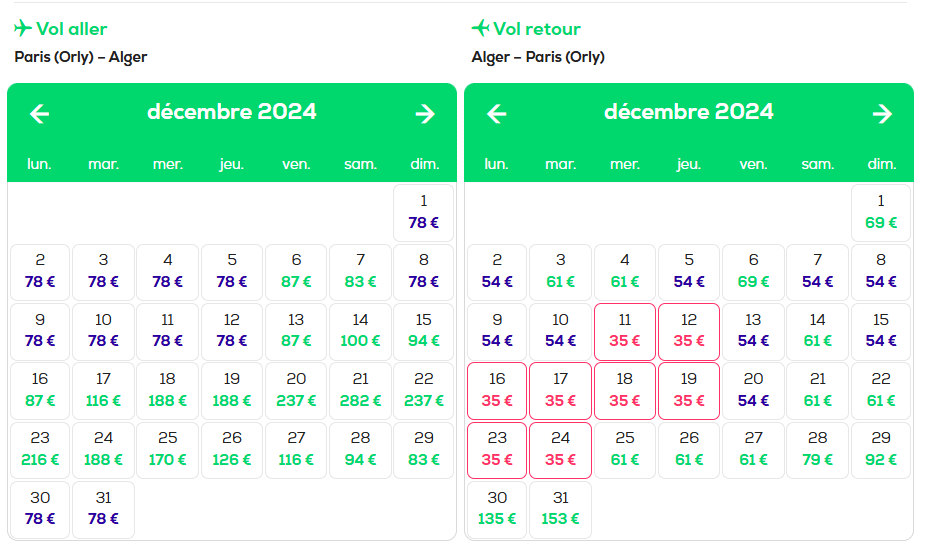 pris des billets chez transavia durant le mois de décembre