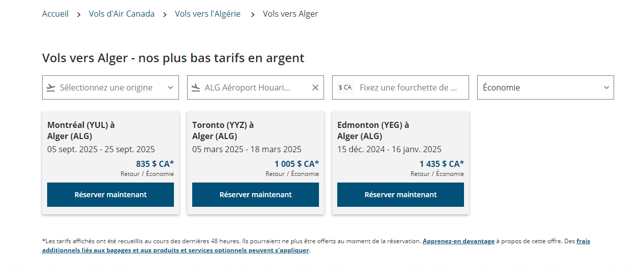Vols Canada - Alger : Les plus bas prix chez Air Canada