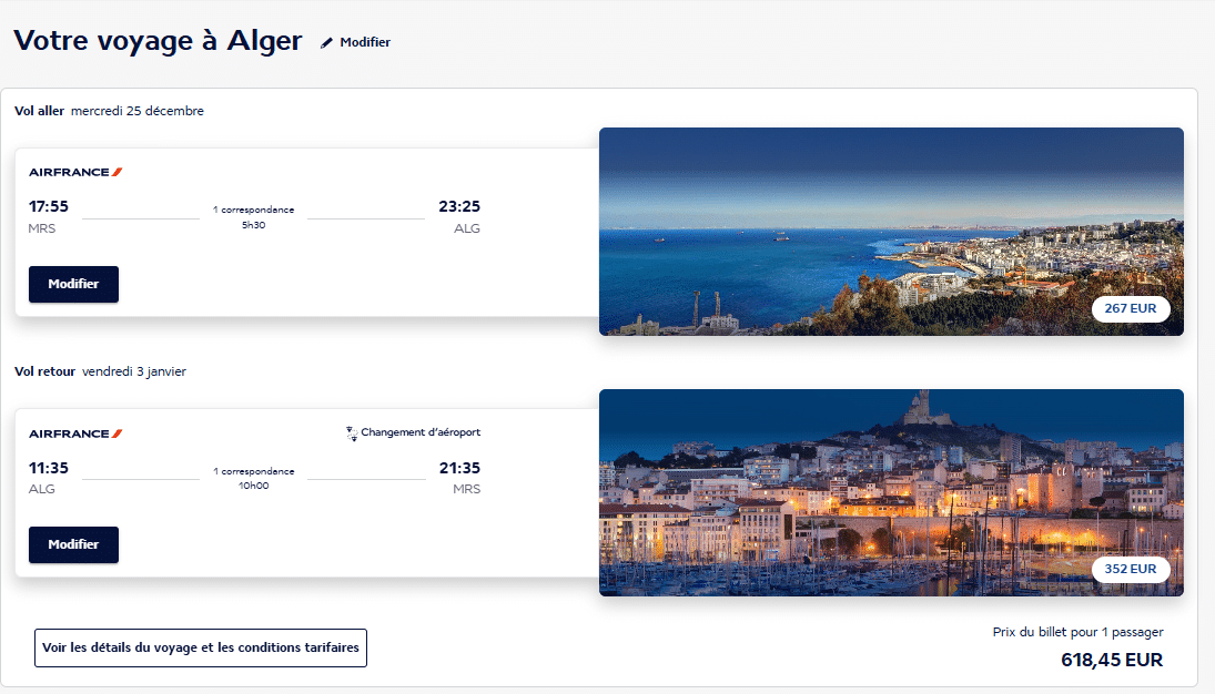 Prix des billets Air France Marseille-Alger