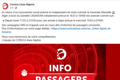 Marseille–Alger : Corsica Línea modifie son calendrier à cause d’une grève en France