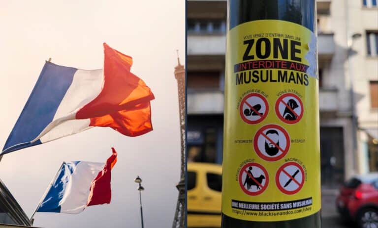 Drapeau de la France et affiche - zone interdite aux musulmans-
