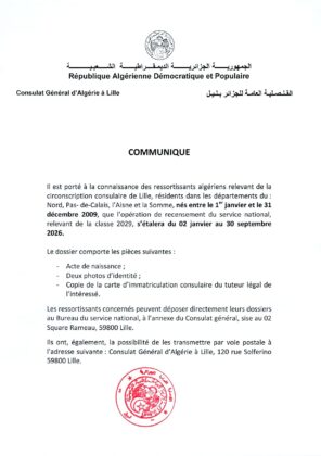 Communiqué du consulat Général d’Algérie à Lille