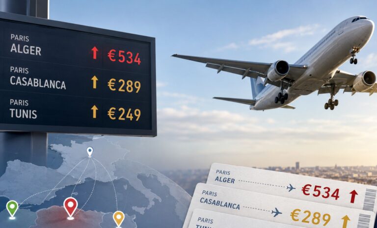 Prix des billets d’avion au départ de Paris vers Alger, Casablanca et Tunis, avec un avion en vol et des indicateurs de prix en hausse.