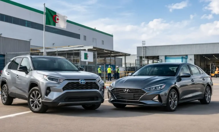 Véhicules Toyota et Hyundai devant une usine, illustration de la recherche de partenaires industriels en Algérie